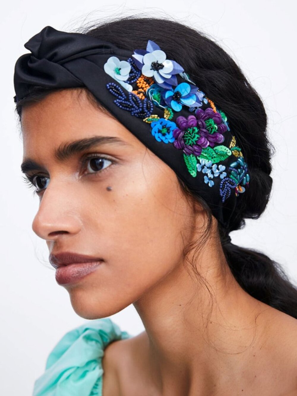Zara Floral Beaded Black Satin Knot Headband